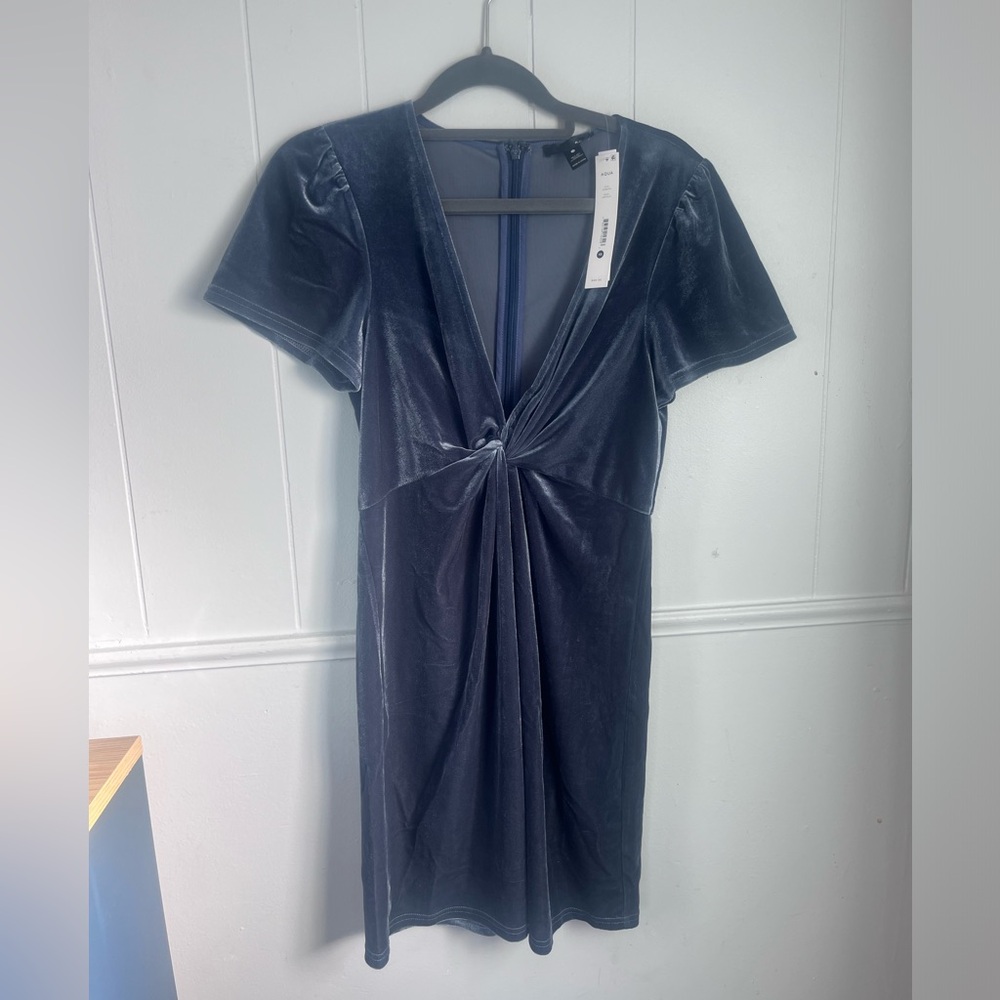 NWT blue velvet short sleeve v neck plunge mini dress
